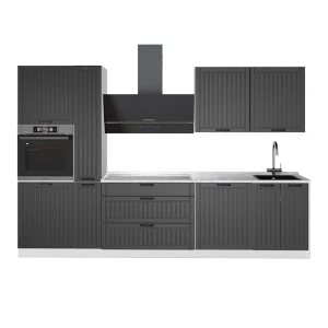 Küchenzeile Fame-Line Dunkelgrau/Weiß 310 cm, AP Marmor Vicco