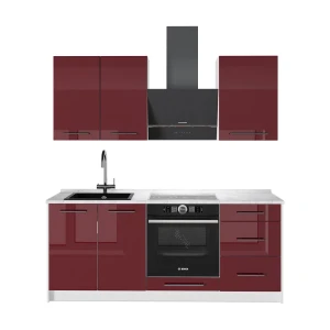 Singleküche Fame-Line Bordeaux Hochglanz/Weiß 190 cm, AP Marmor Vicco