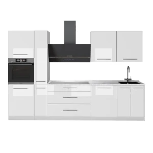 Küchenzeile Fame-Line Weiß Hochglanz/Weiß 310 cm, AP Marmor Vicco
