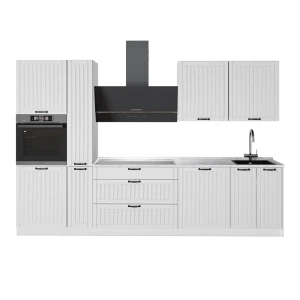 Küchenzeile Fame-Line Weiß Landhaus/Weiß 310 cm, AP Marmor Vicco