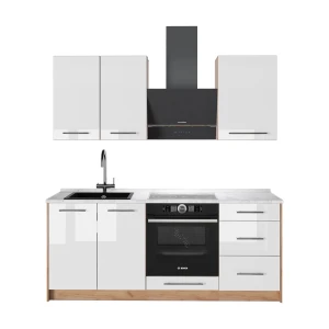 Singleküche Fame-Line Weiß Hochglanz/Goldkraft Eiche 190 cm, AP Marmor Vicco