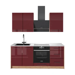 Singleküche Fame-Line Bordeaux Hochglanz/Goldkraft Eiche 190 cm, AP Marmor Vicco
