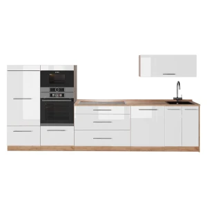 Küchenzeile Fame-Line Weiß Hochglanz/Goldkraft Eiche 340 cm ohne Arbeitsplatte Vicco