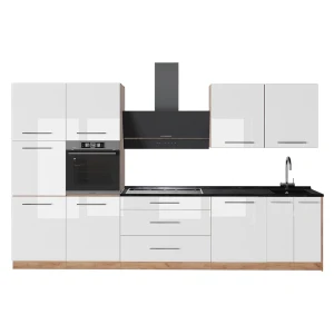 Küchenzeile Fame-Line Weiß Hochglanz/Goldkraft Eiche 340 cm, AP Anthrazit Vicco