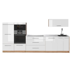 Küchenzeile Fame-Line Weiß Hochglanz/Goldkraft Eiche 340 cm, AP Marmor Vicco