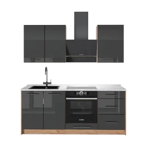 Yhden hengen keittiö Fame-Line Korkeakiiltoinen antrasiitti/Goldkraft tammi 190 cm, AP Marble Vicco