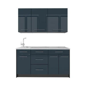 Eenpersoonskeuken Fame-Line Donkerblauw hoogglans/Antraciet 150 cm, WB Marmer Vicco