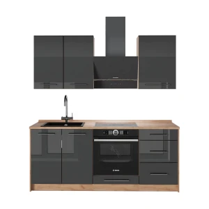 Yhden hengen keittiö Fame-Line Korkeakiiltoinen antrasiitti/Goldkraft tammi 190 cm, AP Oak Vicco