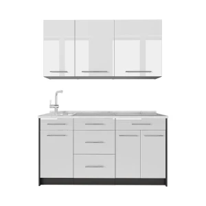 Eenpersoonskeuken Fame-Line Wit Hoogglans/Antraciet 150 cm, WB Marmer Vicco