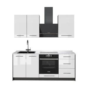 Singleküche Fame-Line Weiß Hochglanz/Anthrazit 190 cm, AP Marmor Vicco