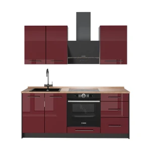 Singleküche Fame-Line Bordeaux Hochglanz/Anthrazit 190 cm, AP Eiche Vicco