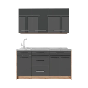 Cucina monoblocco Fame-Line Antracite lucido/Rovere dorato 150 cm, PL Marmo Vicco