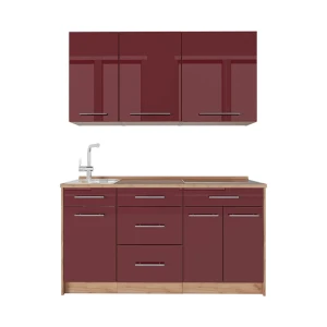 Singleküche Fame-Line Bordeaux Hochglanz/Goldkraft Eiche 150 cm, AP Eiche Vicco