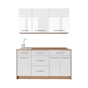 Singleküche Fame-Line Weiß Hochglanz/Goldkraft Eiche 150 cm, AP Eiche Vicco