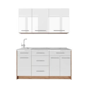 Singleküche Fame-Line Weiß Hochglanz/Goldkraft Eiche 150 cm, AP Marmor Vicco