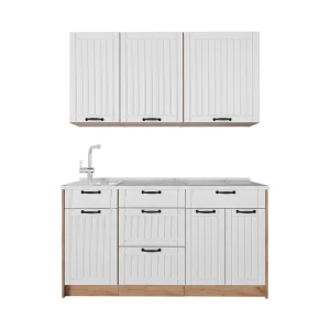 Singleküche Fame-Line Weiß Landhaus/Goldkraft Eiche 150 cm, AP Marmor Vicco
