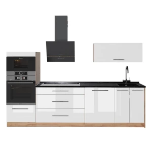 Küchenzeile Fame-Line Weiß Hochglanz/Goldkraft Eiche 280 cm, AP Anthrazit Vicco