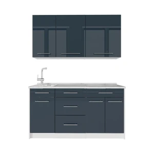 Singleküche Fame-Line Dunkelblau Hochglanz/Weiß 150 cm, AP Marmor Vicco