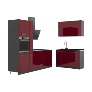 Køkken Fame-Line Bordeaux rød højglans/Antracit 220 x 120 cm, BP Antracit Vicco