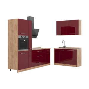Keuken Fame-Line Bordeauxrode hoogglans/Goudkleurig Eiken 220 x 120 cm zonder werkblad Vicco