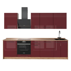 Küchenzeile Fame-Line Bordeaux Hochglanz/Goldkraft Eiche 280 cm ohne Arbeitsplatte Vicco