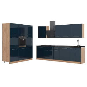 Küchenzeile Fame-Line Dunkelblau Hochglanz/Goldkraft Eiche 460 cm, AP Anthrazit Vicco