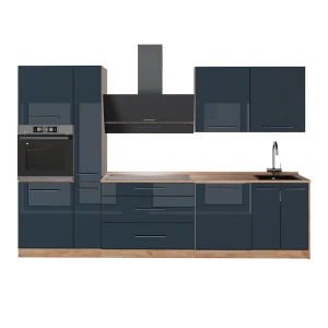 Keittonurkkaus Fame-Line Tummansininen korkeakiilto/Goldkraft tammi 310 cm, AP Oak Vicco