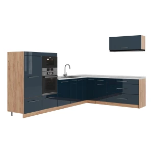 Cozinha de canto Fame-Line Azul escuro alto brilho/Carvalho dourado 327 x cm, Mármore AP Vicco
