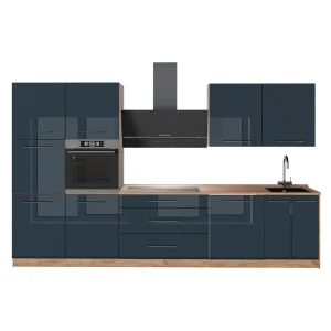 Küchenzeile Fame-Line Dunkelblau Hochglanz/Goldkraft Eiche 340 cm, AP Eiche Vicco