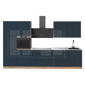 Kitchenette Fame-Line Azul escuro alto brilho/Carvalho dourado 340 cm, Mármore AP Vicco