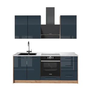 Cucina monoblocco Fame-Line Blu scuro lucido/Rovere dorato 190 cm, PL Marmo Vicco
