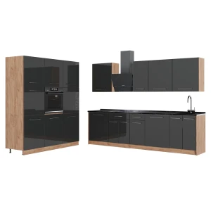 Küchenzeile Fame-Line Anthrazit Hochglanz/Goldkraft Eiche 460 cm, AP Anthrazit Vicco