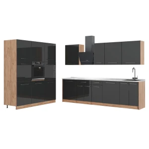 Küchenzeile Fame-Line Anthrazit Hochglanz/Goldkraft Eiche 460 cm, AP Marmor Vicco