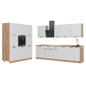 Küchenzeile Fame-Line Weiß Landhaus/Goldkraft Eiche 460 cm ohne Arbeitsplatte Vicco