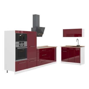 Küchenzeile Fame-Line Bordeaux Hochglanz/Weiß 380 cm, AP Eiche Vicco