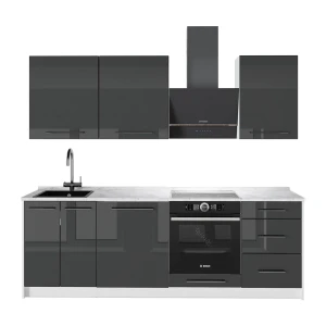 Kitchenette Fame-Line Antracite alto brilho/Branco 230 cm, Mármore AP Vicco
