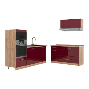 Keittiö Fame-Line Bordeaux korkeakiilto/Goldkraft tammi 340 cm, AP Oak Vicco
