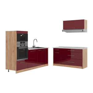 Keittiö Fame-Line Bordeaux korkeakiilto/Goldkraft tammi 340 cm, AP Marble Vicco