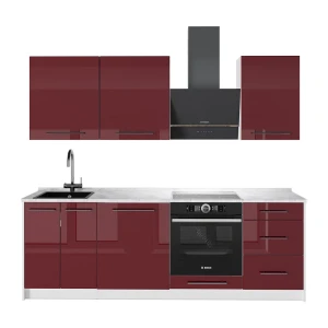 Cuisine Fame-Line Rouge bordeaux Haute brillance/Blanc 230cm, PT Marbre Vicco