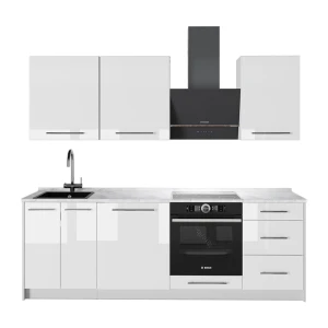 Küchenzeile Fame-Line Weiß Hochglanz/Weiß 230 cm, AP Marmor Vicco