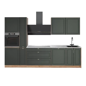 Küchenzeile Fame-Line Grün-Gold Landhaus/Goldkraft Eiche 310 cm, AP Marmor Vicco
