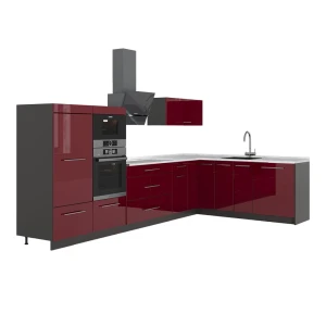 Hjørnekøkken Fame-Line Bordeaux rød højglans/Antracit 347 x 207 cm, BP Marmor Vicco