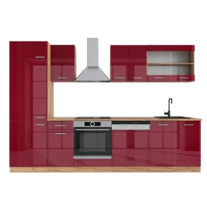 Cucina componibile R-Line Rosso lucido/rovere dorato 300 cm senza piano di lavoro Vicco