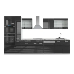 Küchenzeile R-Line Anthrazit Hochglanz/Weiß 350 cm mit Hochschrank, AP Marmor Vicco