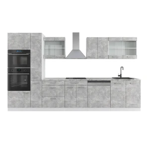 Kuchnia  R-Line Beton/Biały 350 cm z wysoką szafką, BR Marmur Vicco