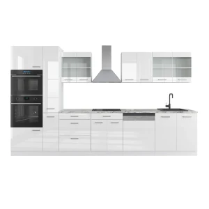 Küchenzeile R-Line Weiß Hochglanz/Weiß 350 cm mit Hochschrank, ohne Arbeitsplatte Vicco