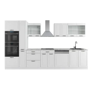 Küchenzeile R-Line Weiß Landhaus/Weiß 350 cm mit Hochschrank, ohne Arbeitsplatte Vicco