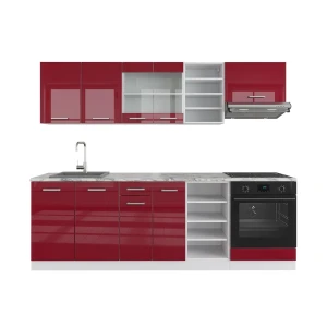 Cucina componibile R-Line Rosso lucido/bianco 240 cm, Piano di lavoro Marmo Vicco