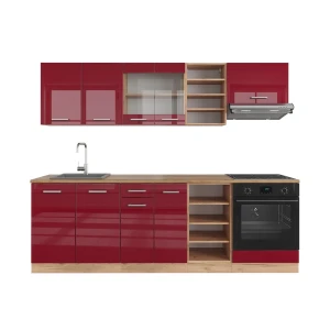 Kitchenette R-Line Vermelho brilhante/carvalho dourado 240 cm sem bancada Vicco