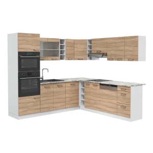 Eckküche R-Line Sonoma/Weiß 247 x 237 cm, AP Marmor Vicco